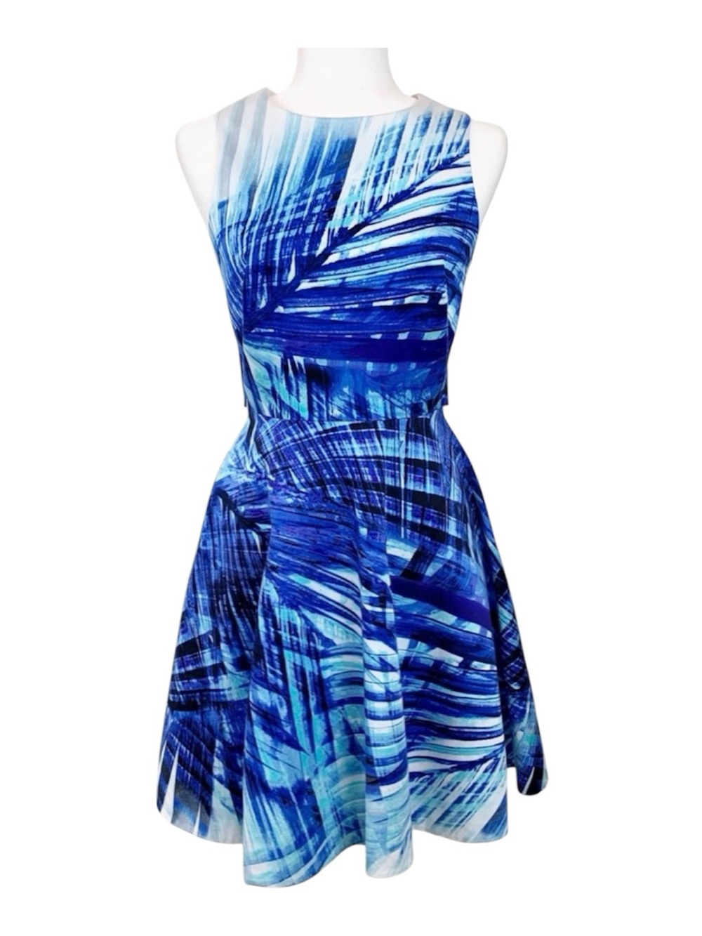 Karen Millen Blue and White Abstract Fit-and-Flare Women’s Dress